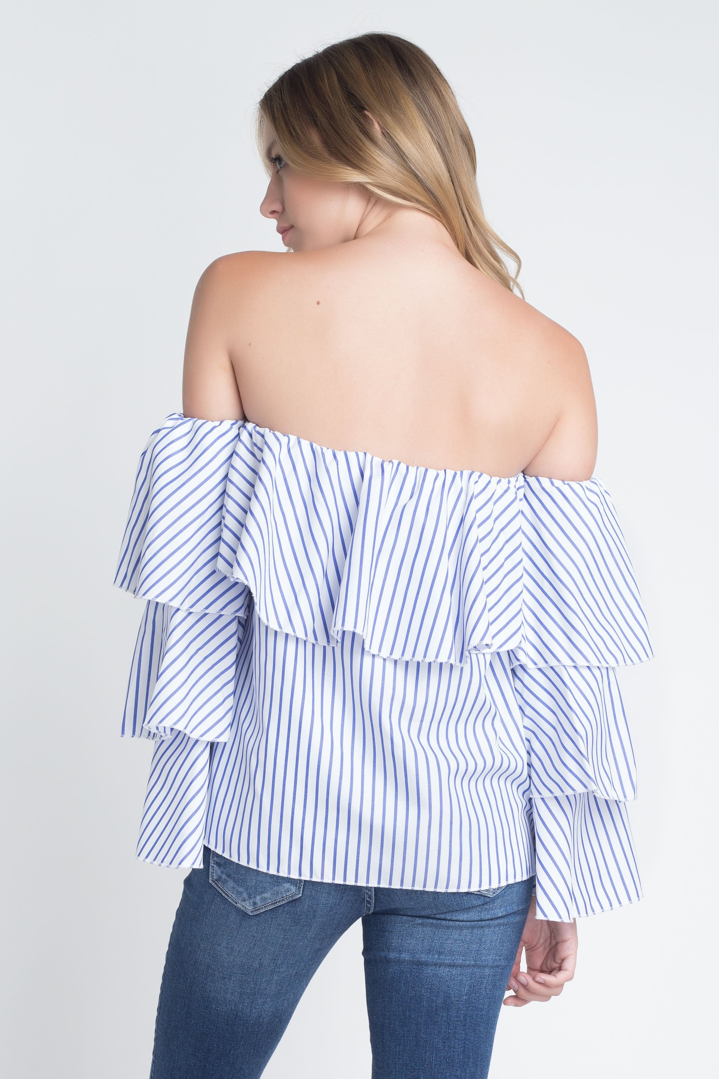 Women's Off Shoulder Stripe Ruffle Long Sleeve Top - Horizon Bliss