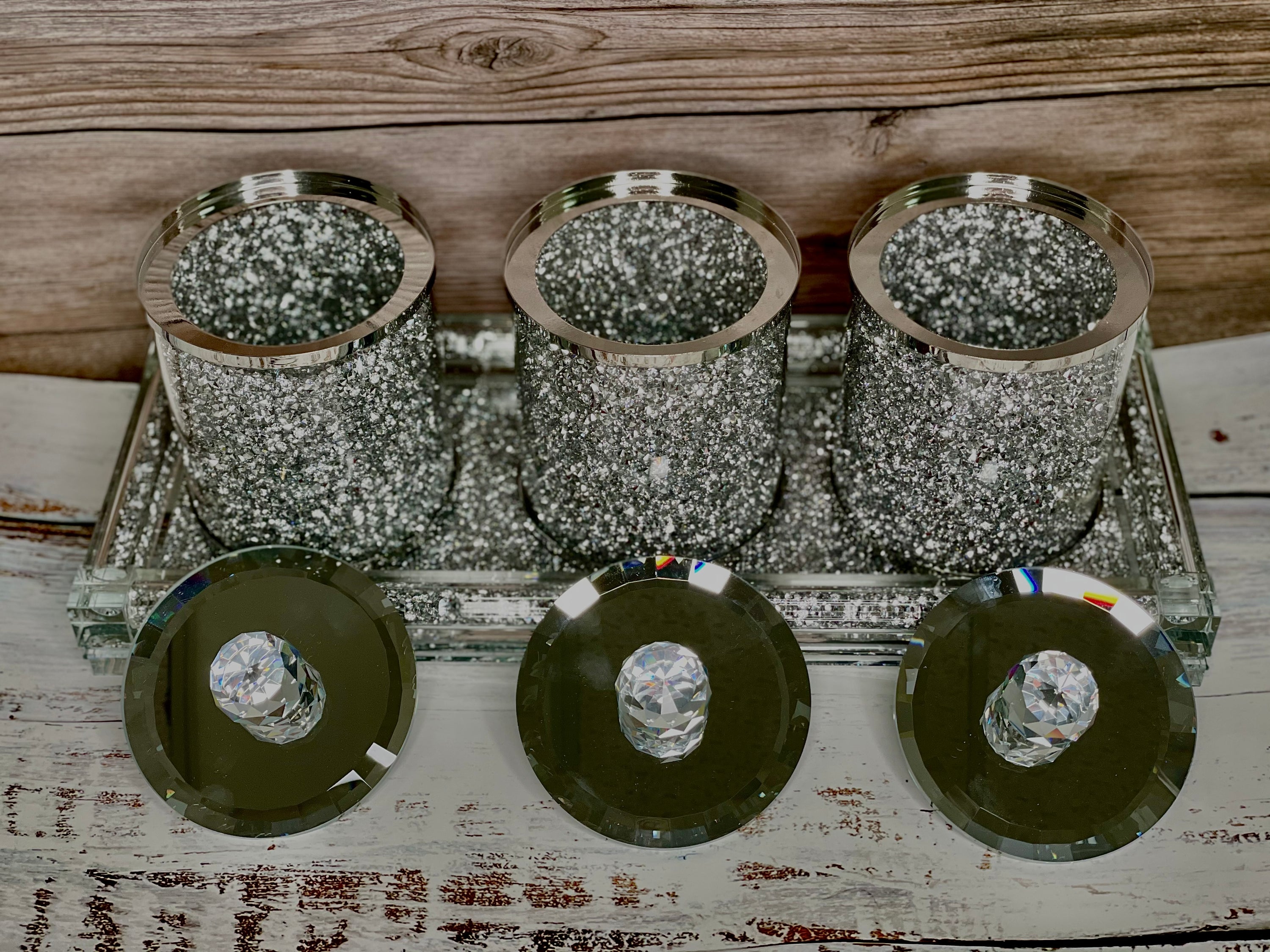 Three Glass Canister Set on a Tray, Silver Crushed Diamond Glass