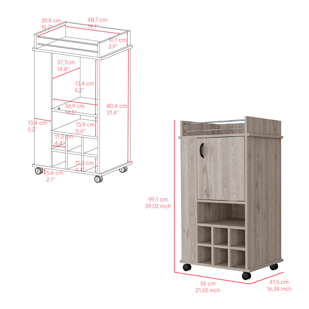 Bar Cart with Casters Reese, Six Wine Cubbies and Single Door, Light - Horizon Bliss