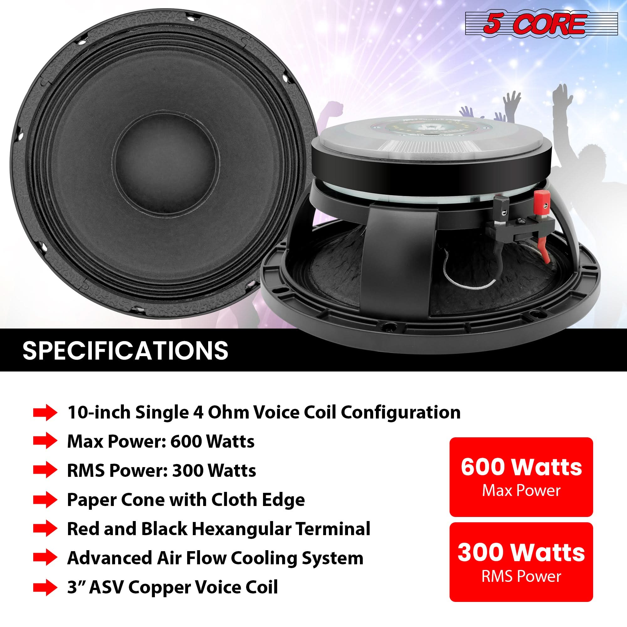 5 CORE 10 Inch Subwoofer Speaker 600W Max 8 Ohm Full Range Replacement