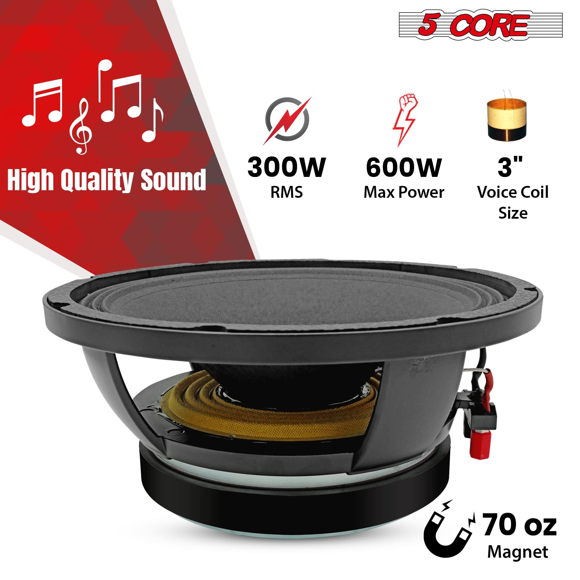 5 CORE 10 Inch Subwoofer Speaker 600W Max 8 Ohm Full Range Replacement