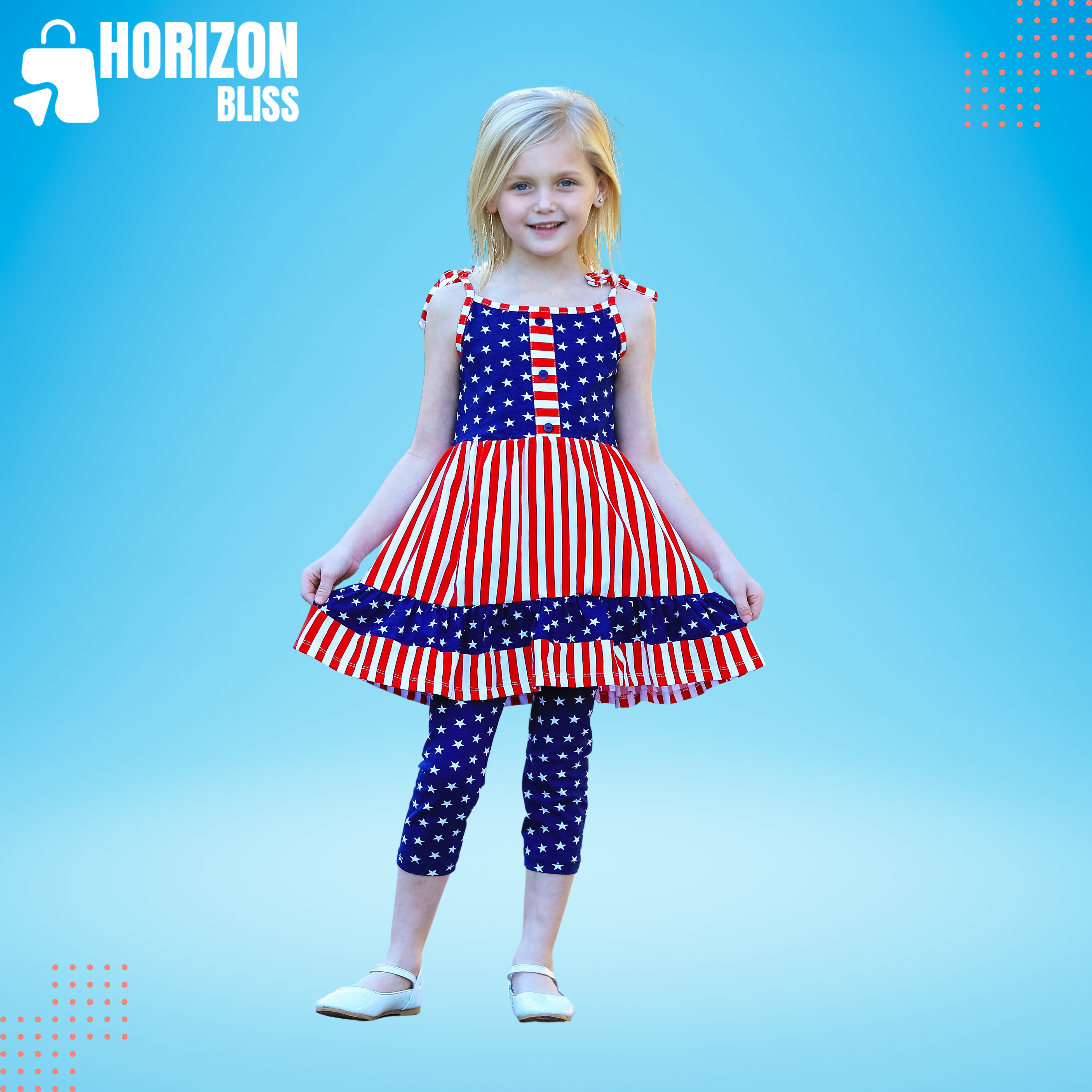 AnnLoren Girls 4th of July Stars & Striped Dress & Capri Leggings - Horizon Bliss