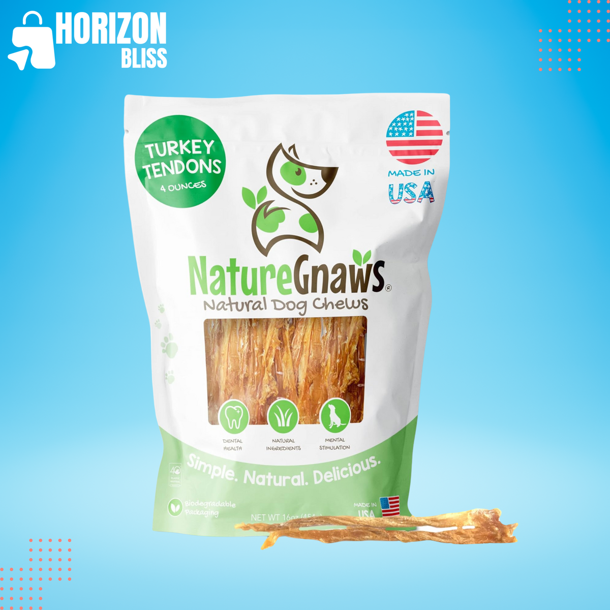 USA Turkey Tendons for Dogs - Premium Natural Chew Treats - Delicious Reward Snack for Small Medium & Large Dogs - Made in The USA 4 oz Bag