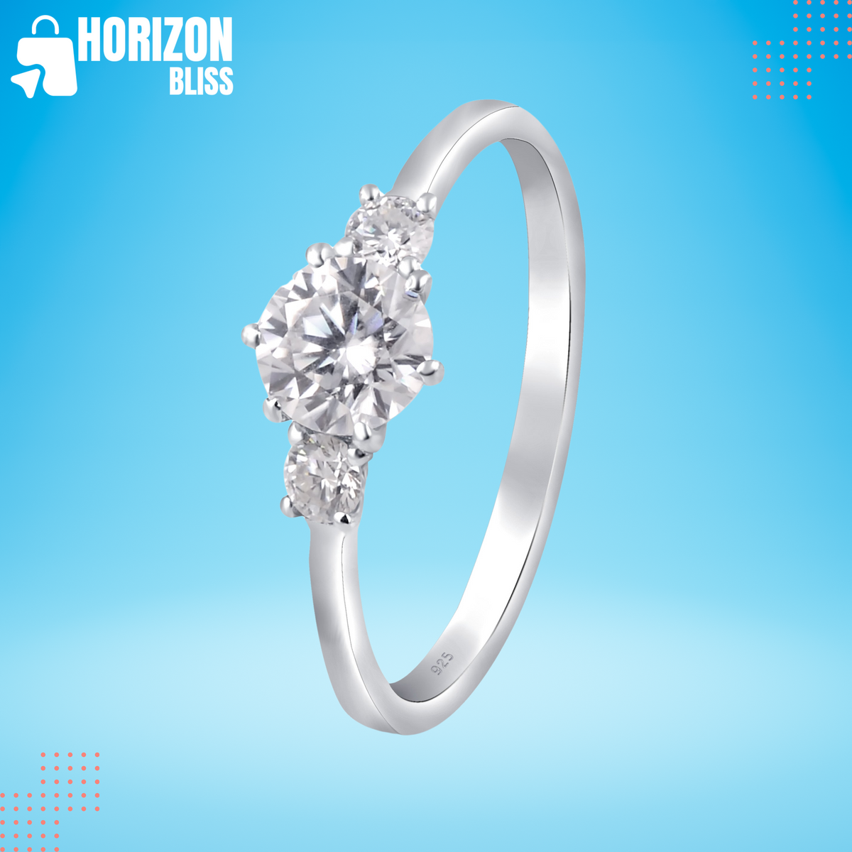 White Moissanite 3-Stone Ring Sterling Silver - Horizon Bliss