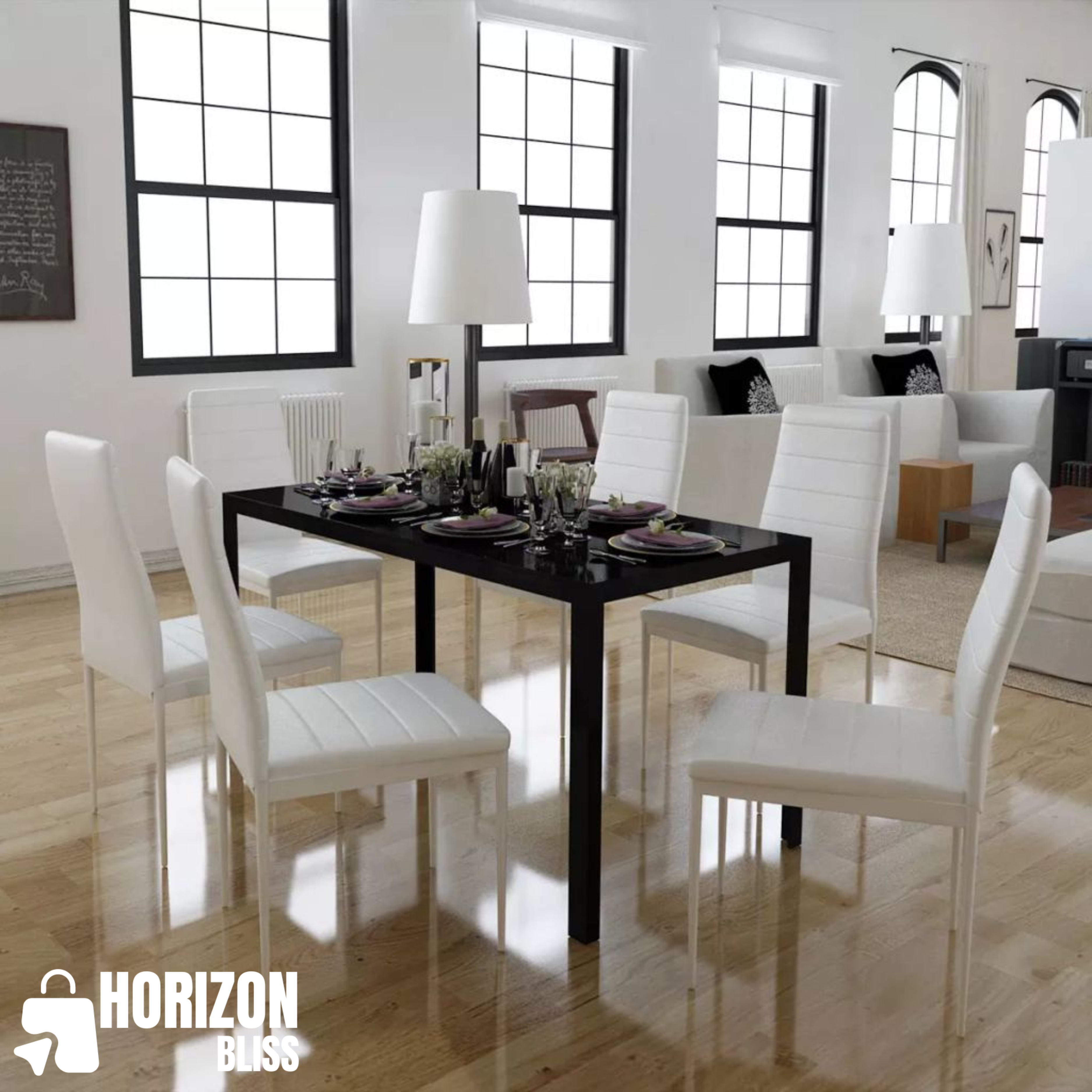 Seven Piece Dining Table and Chair Set Black and White - Horizon Bliss