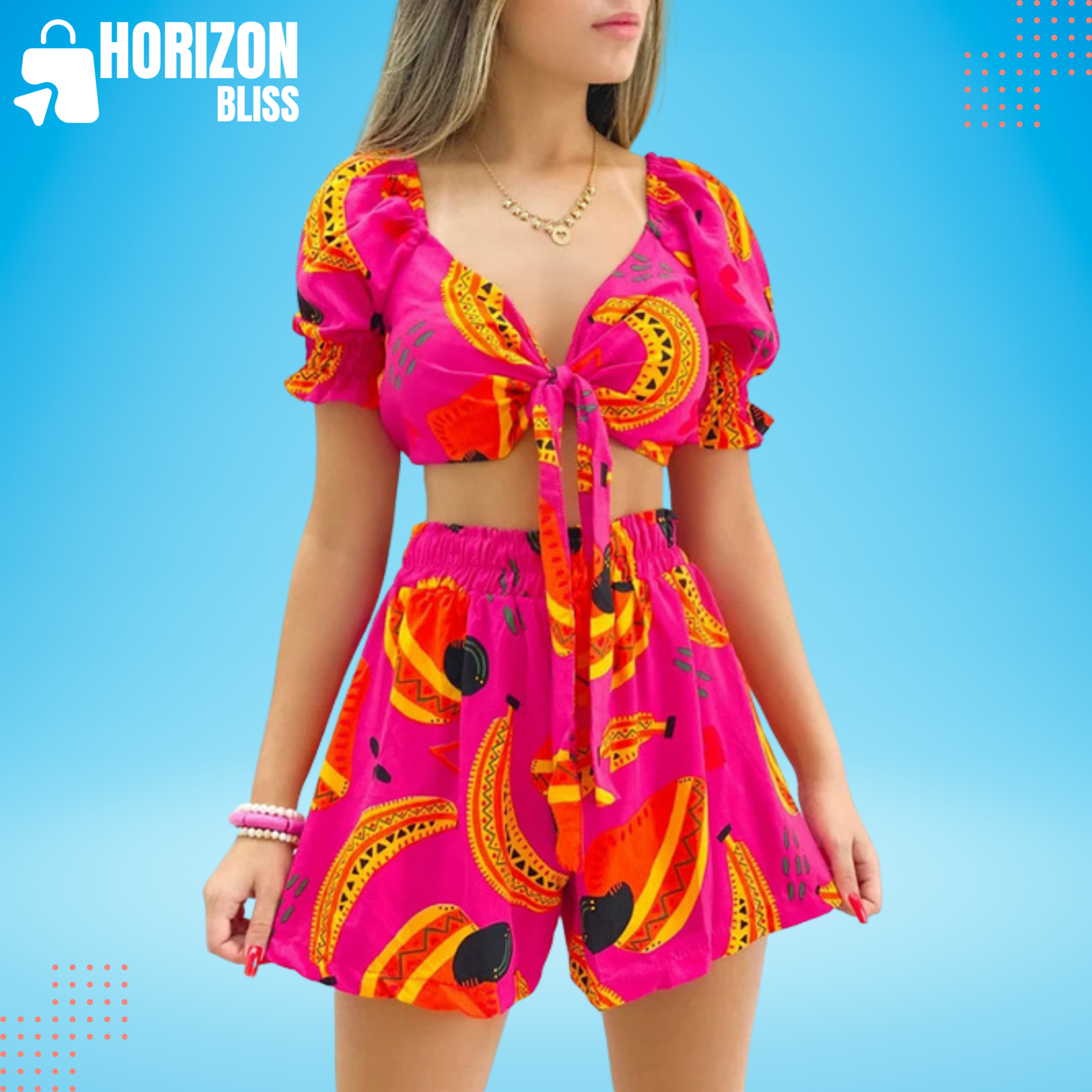 Print Crop Tops Suits  V Neck Two Piece Outfits Casual Short Sleeve - Horizon Bliss