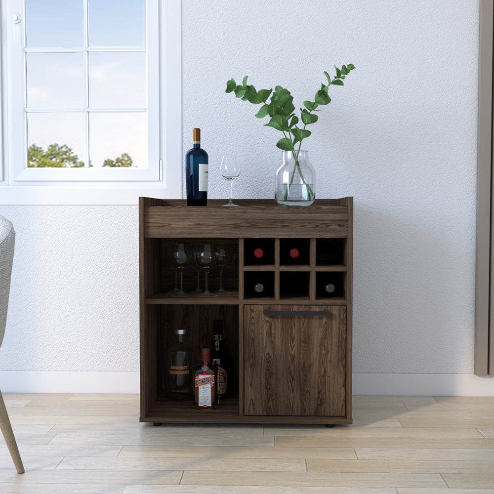 Bar Cabinet Dext, Two Concealed Shelves, Six Wine Cubbies, Dark Walnut - Horizon Bliss