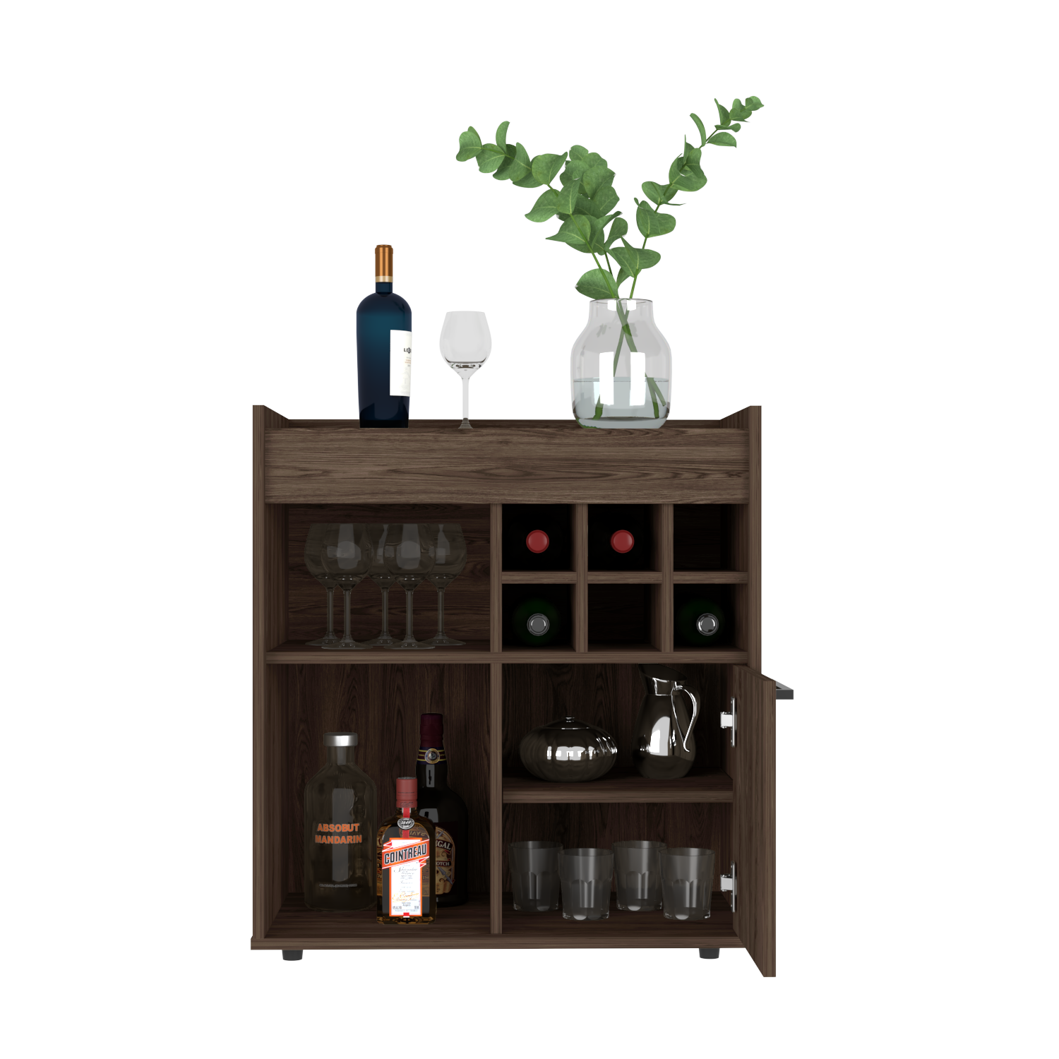 Bar Cabinet Dext, Two Concealed Shelves, Six Wine Cubbies, Dark Walnut - Horizon Bliss