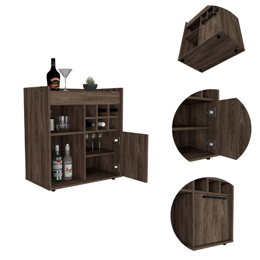 Bar Cabinet Dext, Two Concealed Shelves, Six Wine Cubbies, Dark Walnut - Horizon Bliss