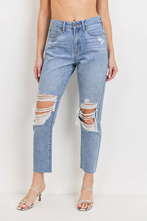 JUST USA KNEE DISTRESSED HIGH RISE STRAIGHT LEG JEAN - Horizon Bliss