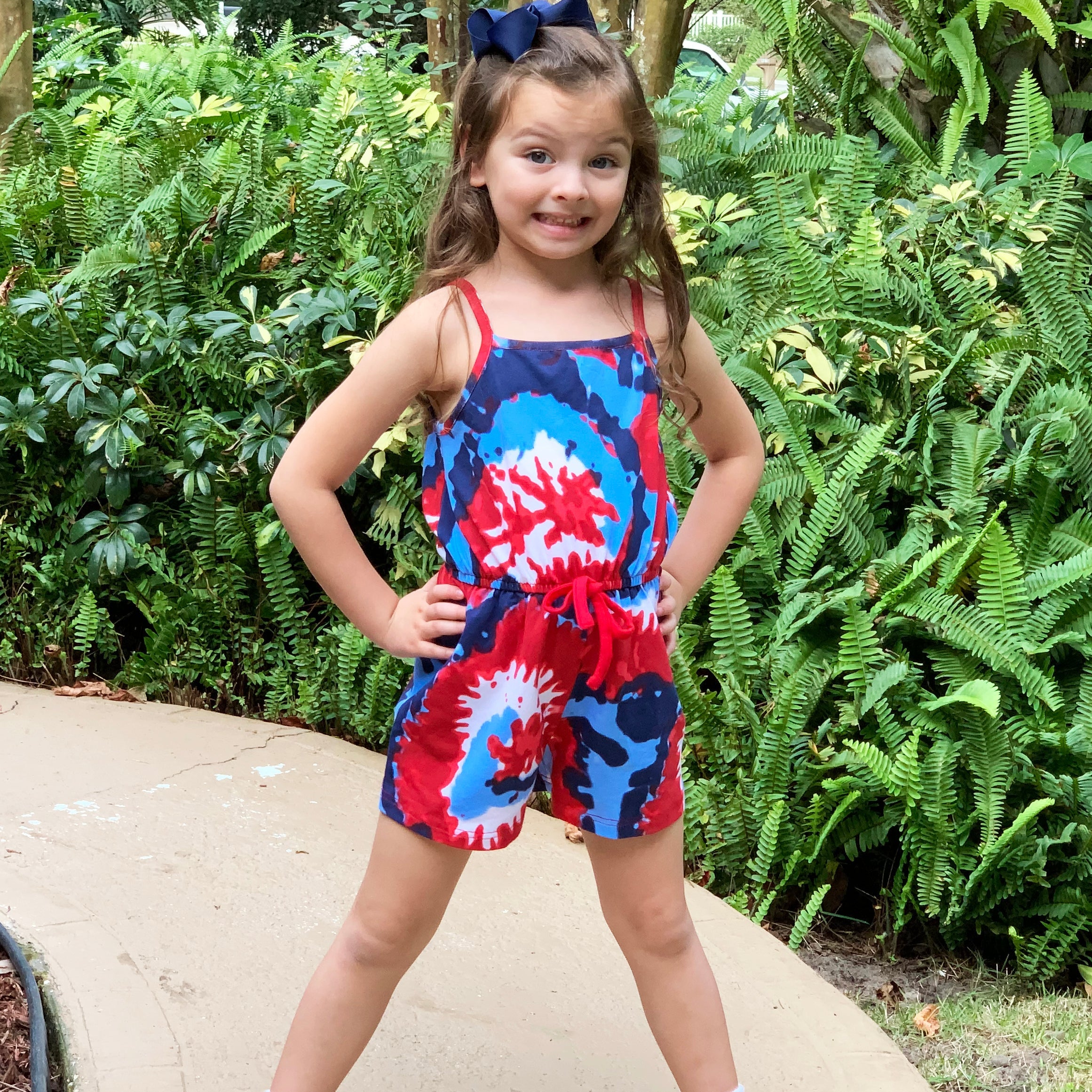 AnnLoren Girls Tie Dye 4th of July Shorts Jumpsuit Summer Romper - Horizon Bliss