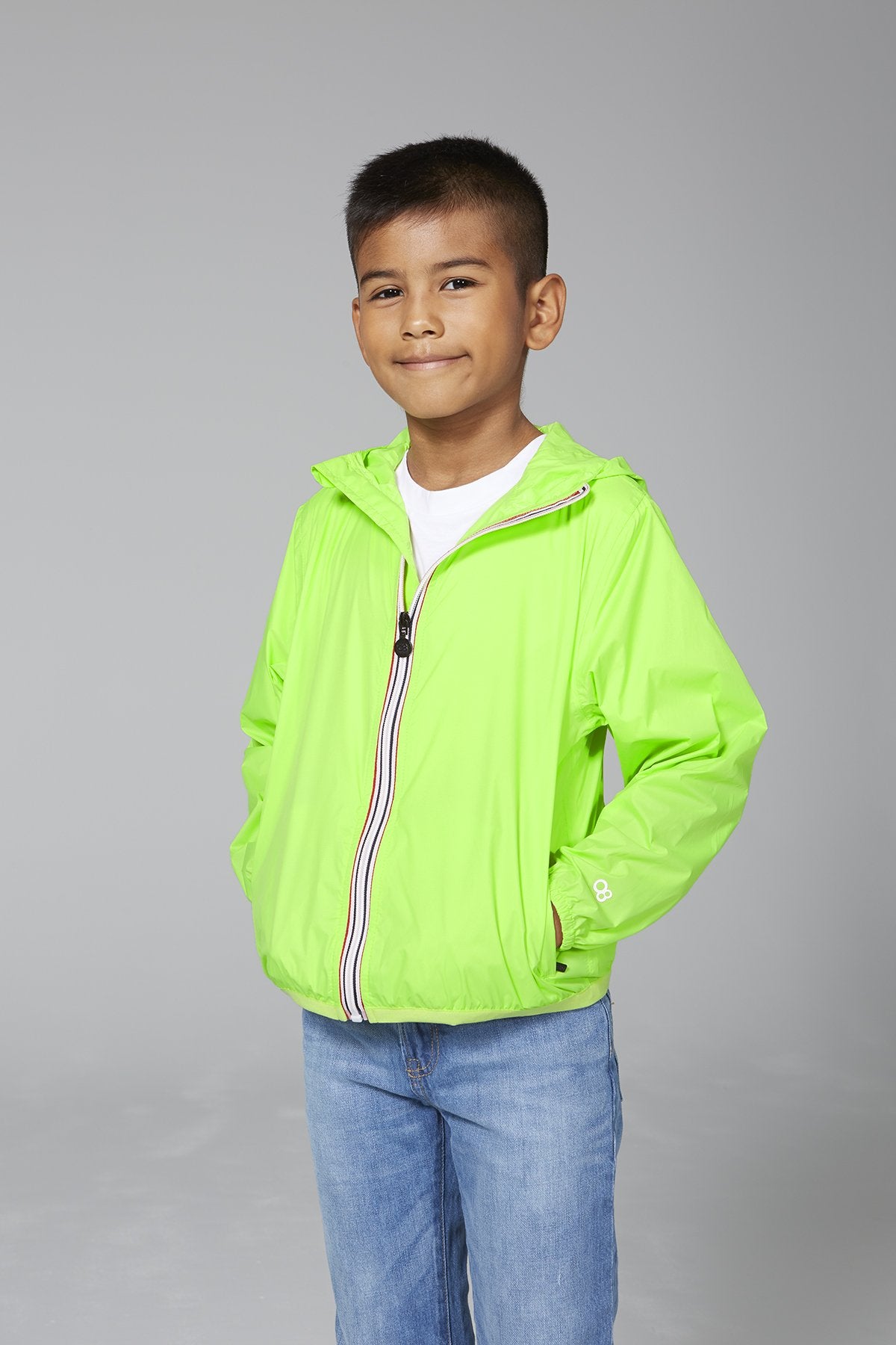 Kids green fluo full zip packable rain jacket and windbreaker - Horizon Bliss