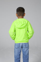 Kids green fluo full zip packable rain jacket and windbreaker - Horizon Bliss