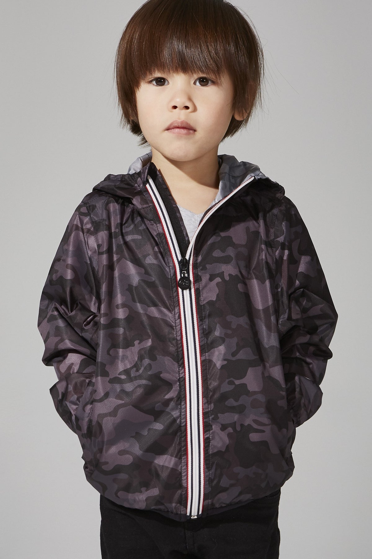 Kids black camo full zip packable rain jacket and windbreaker - Horizon Bliss