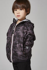 Kids black camo full zip packable rain jacket and windbreaker - Horizon Bliss