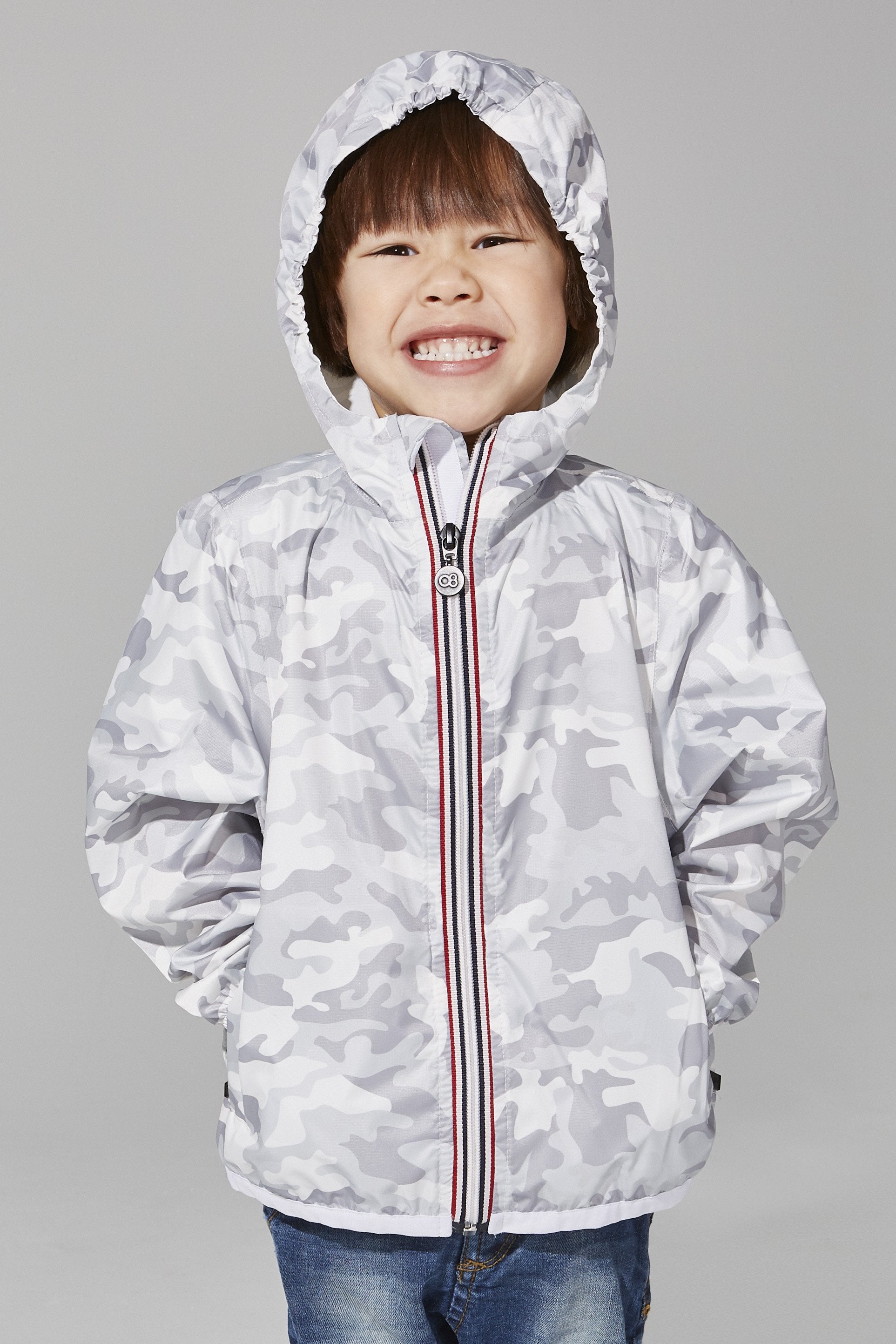 Kids white camo full zip light packable rain jacket - Horizon Bliss