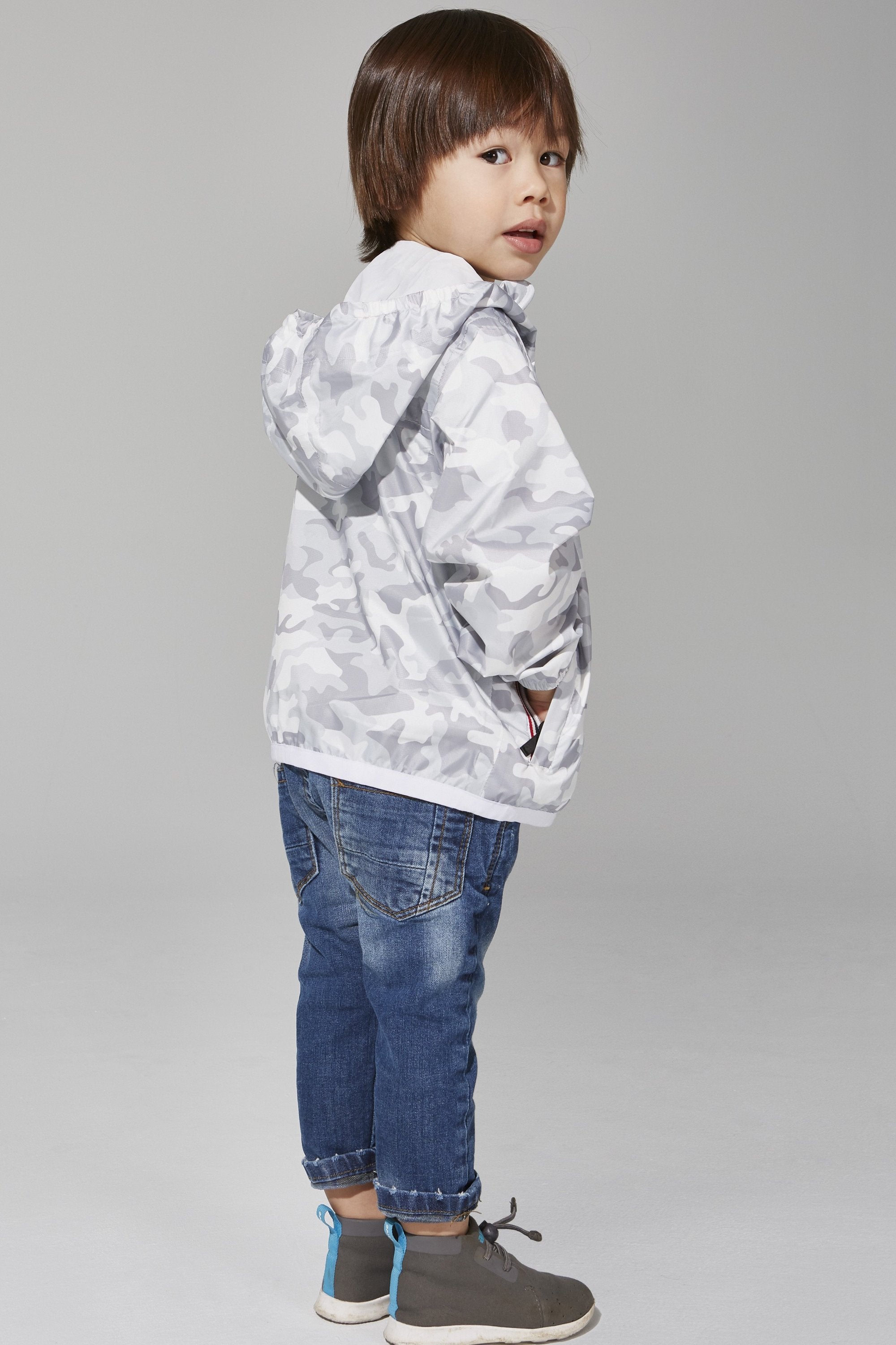 Kids white camo full zip light packable rain jacket - Horizon Bliss