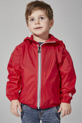 Kids red full zip packable rain jacket and windbreaker - Horizon Bliss