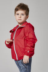 Kids red full zip packable rain jacket and windbreaker - Horizon Bliss