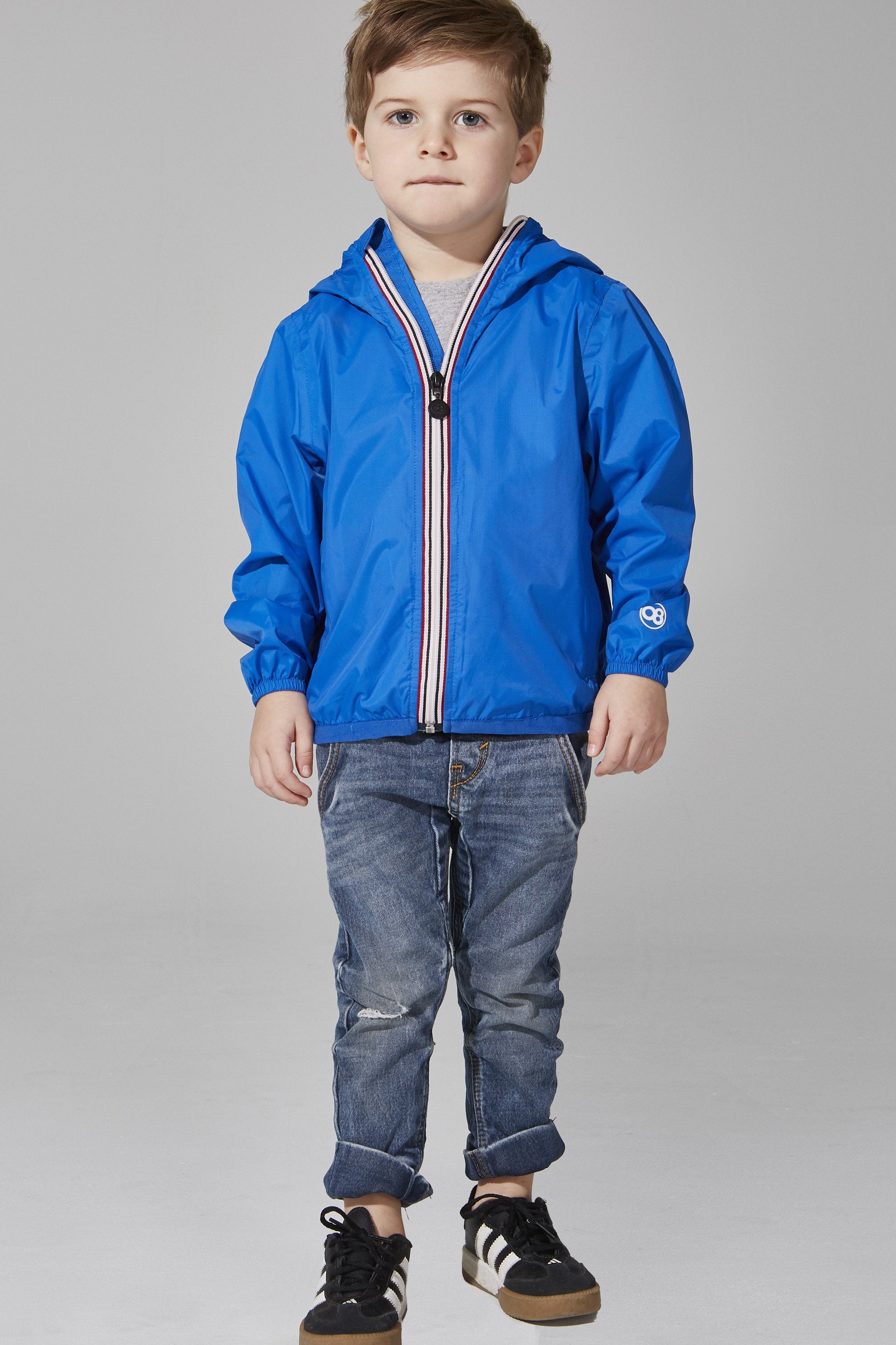 Kids royal blue full zip packable rain jacket and windbreaker - Horizon Bliss