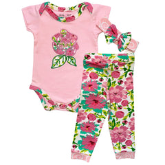 AnnLoren Baby Girls Layette Pink Floral Onesie Pants Headband 3pc Gift - Horizon Bliss