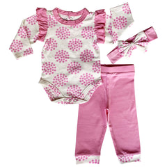 AnnLoren Baby Girls Layette Pink Polka Dot Onesie Pants Headband 3pc - Horizon Bliss