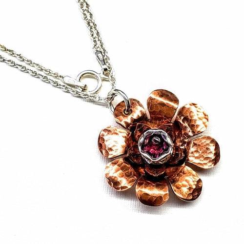 Copper Crystal Flower blossom Spinner Necklace