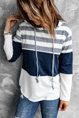 White Color Block Classic Pullover Drawstring Hoodie For Women - Horizon Bliss