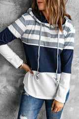 White Color Block Classic Pullover Drawstring Hoodie For Women - Horizon Bliss