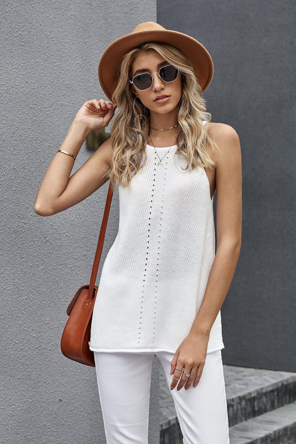 Summer White Keyhole Knit Tank Top - Horizon Bliss