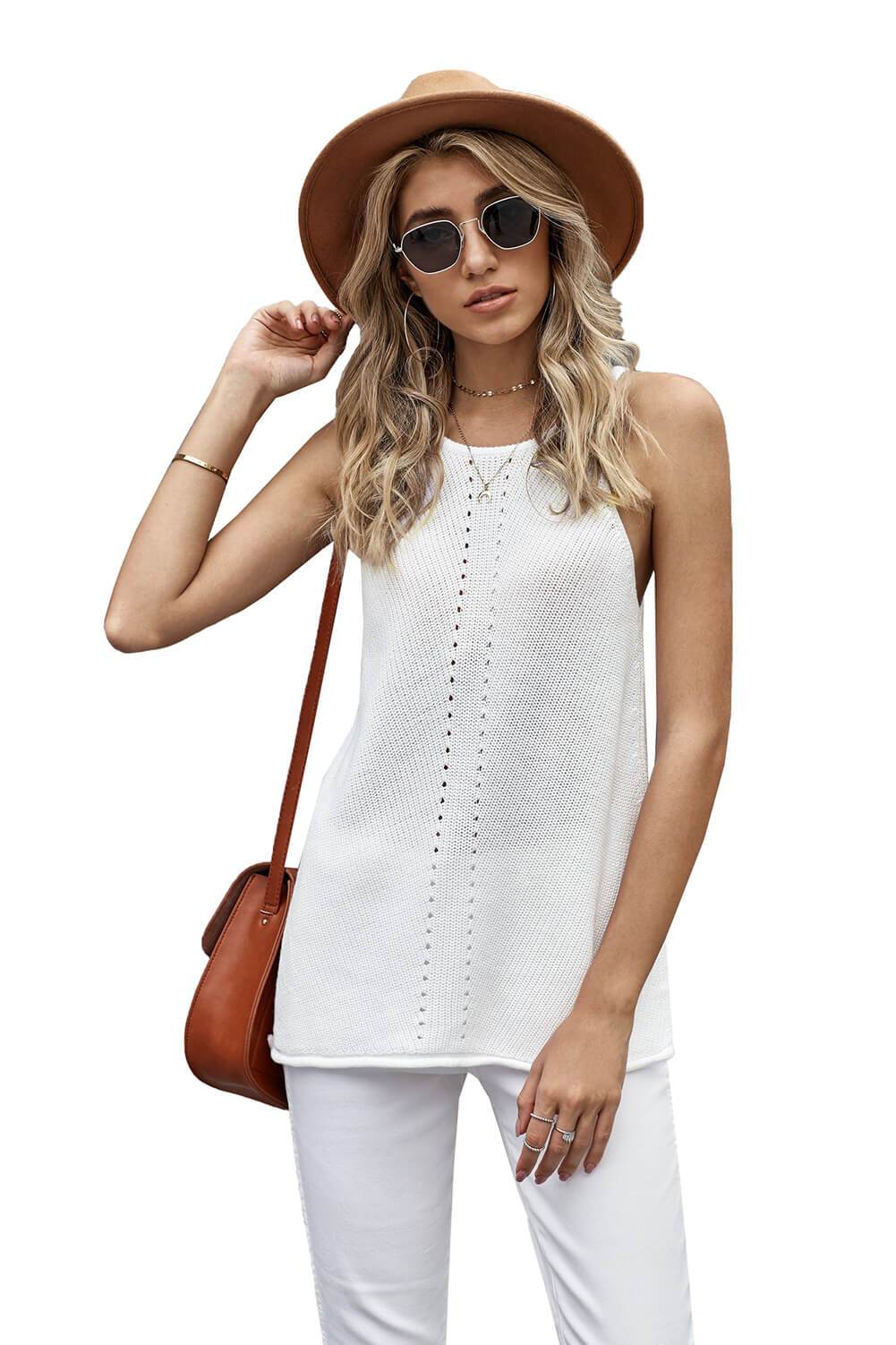 Summer White Keyhole Knit Tank Top - Horizon Bliss