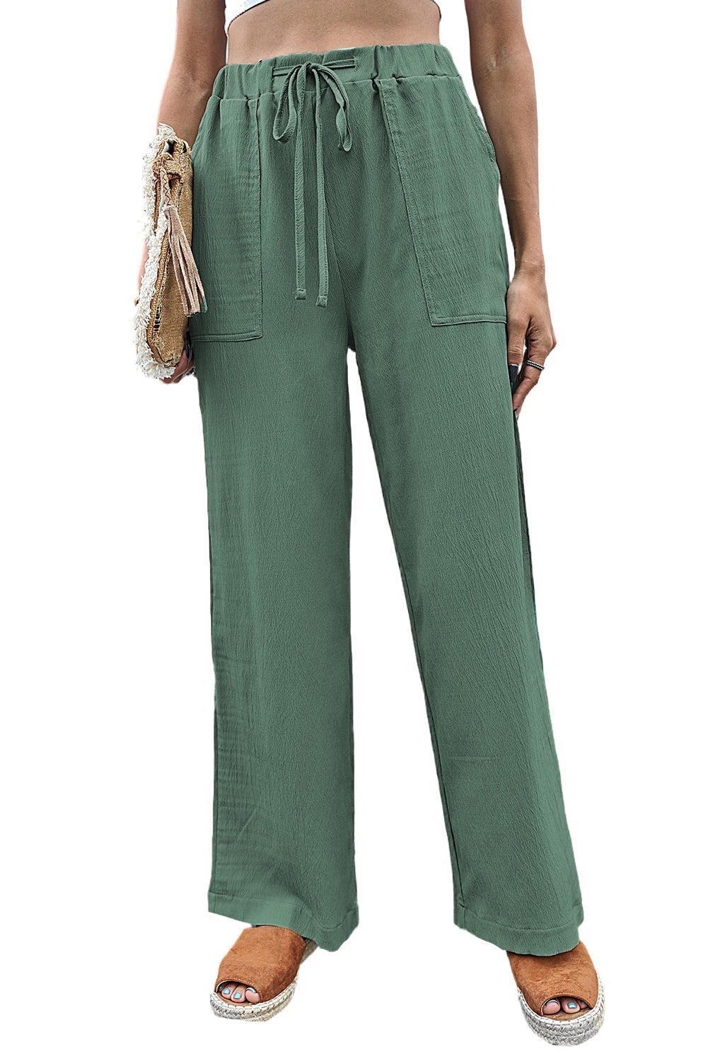 Green Crinkled Wide Leg Pants - Horizon Bliss