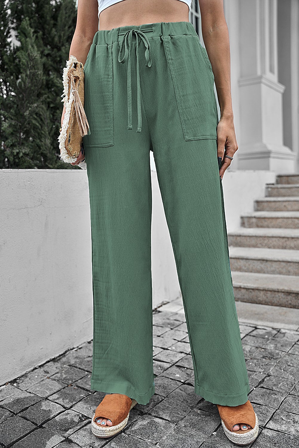 Green Crinkled Wide Leg Pants - Horizon Bliss