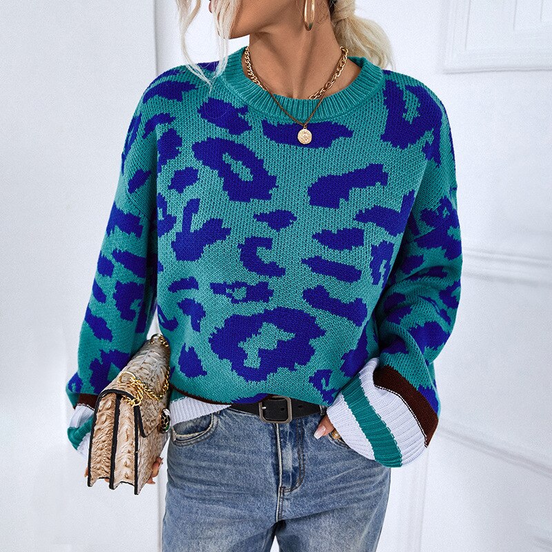 Round Neck Pullover  Sweater Contrast Color Leopard Knit Sweater - Horizon Bliss