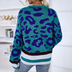 Round Neck Pullover  Sweater Contrast Color Leopard Knit Sweater - Horizon Bliss