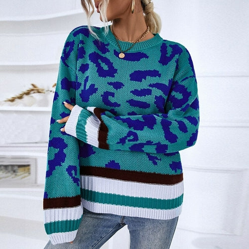 Round Neck Pullover  Sweater Contrast Color Leopard Knit Sweater - Horizon Bliss