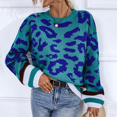 Round Neck Pullover  Sweater Contrast Color Leopard Knit Sweater - Horizon Bliss