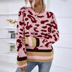 Round Neck Pullover  Sweater Contrast Color Leopard Knit Sweater - Horizon Bliss