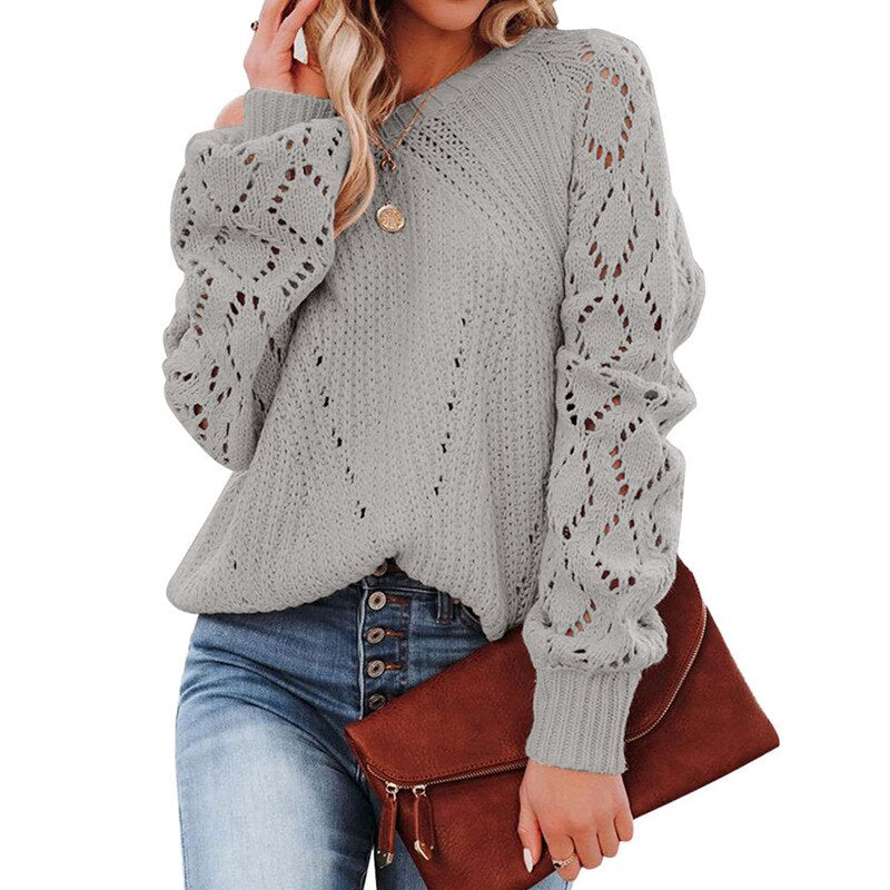 Lantern Sleeve Knitted Sweater Woman Autumn Winter Hollow Out Sweater - Horizon Bliss