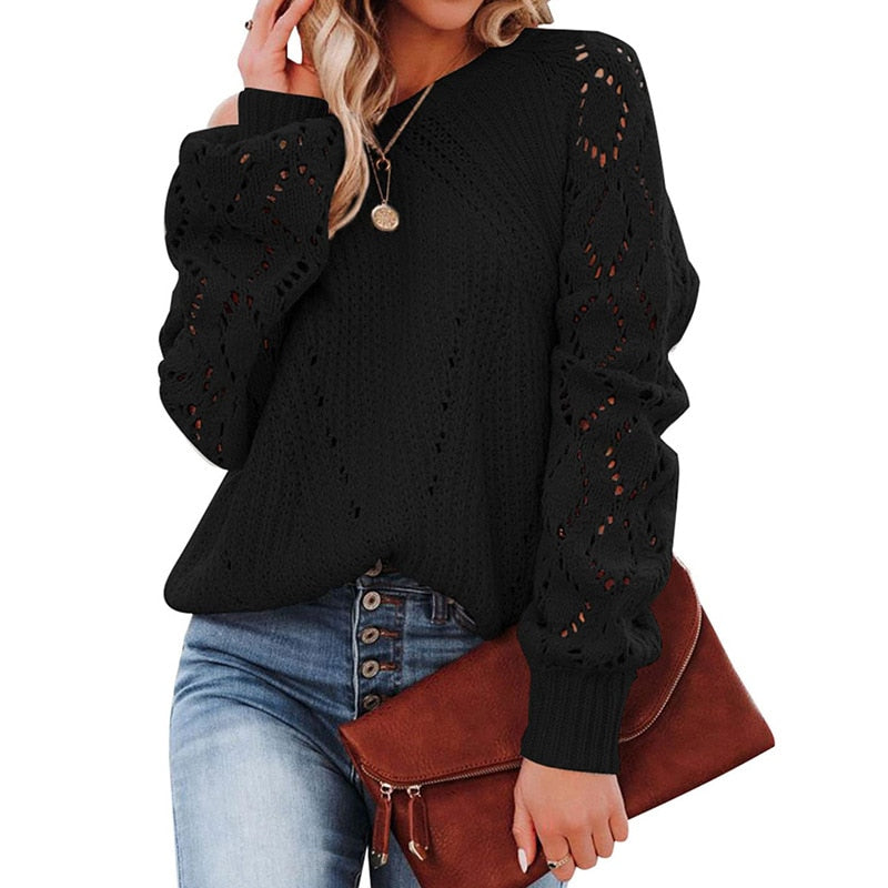 Lantern Sleeve Knitted Sweater Woman Autumn Winter Hollow Out Sweater - Horizon Bliss