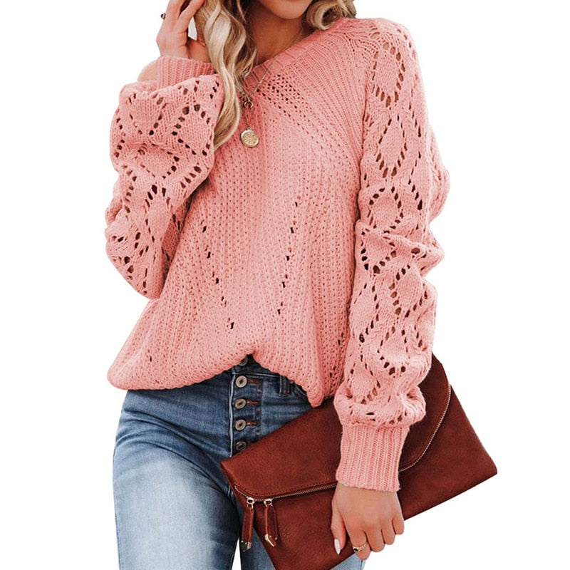 Lantern Sleeve Knitted Sweater Woman Autumn Winter Hollow Out Sweater - Horizon Bliss