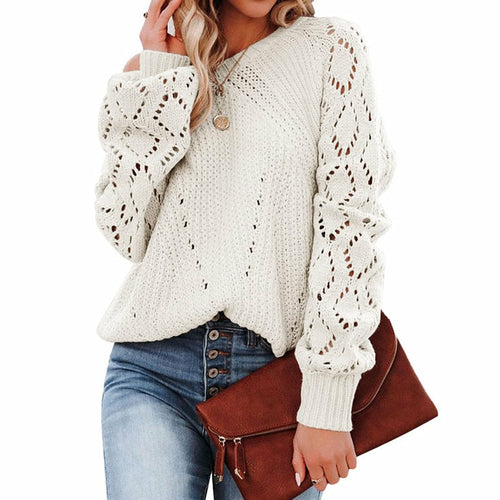 Lantern Sleeve Knitted Sweater Woman Autumn Winter Hollow Out Sweater - Horizon Bliss