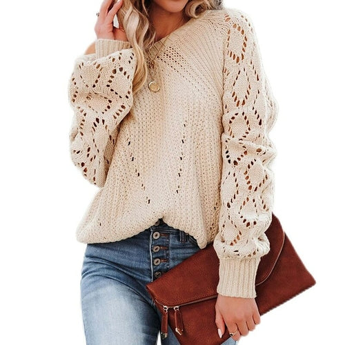 Lantern Sleeve Knitted Sweater Woman Autumn Winter Hollow Out Sweater - Horizon Bliss