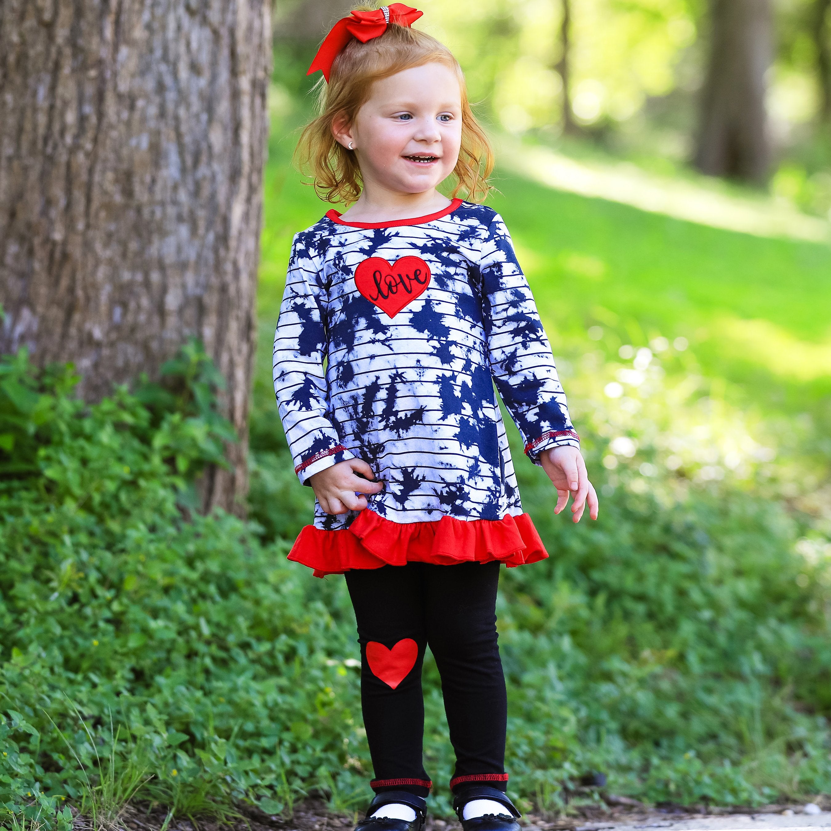 AnnLoren Girls Valentine's Day Heart Tie Dye Outfit Dress and Black - Horizon Bliss