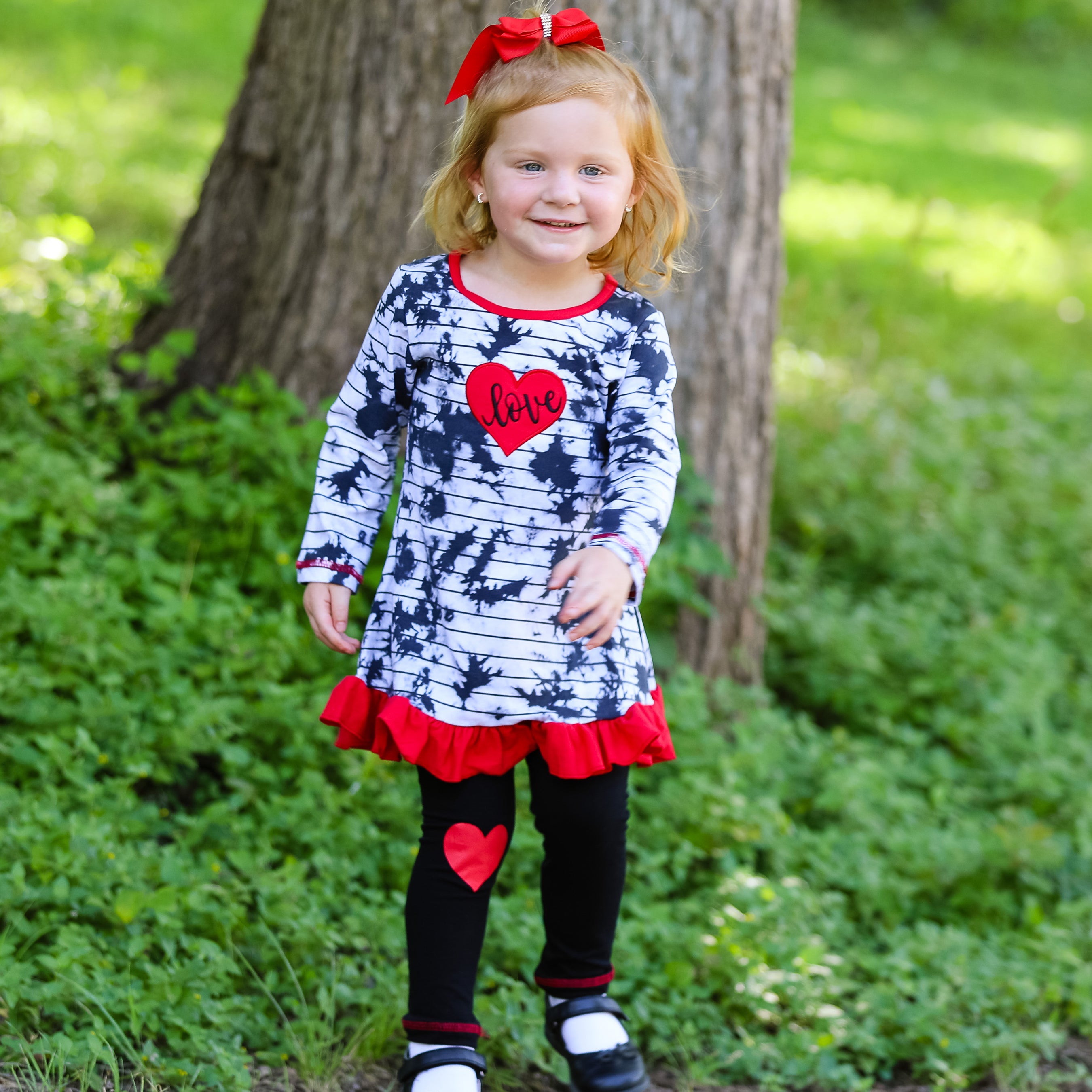 AnnLoren Girls Valentine's Day Heart Tie Dye Outfit Dress and Black - Horizon Bliss