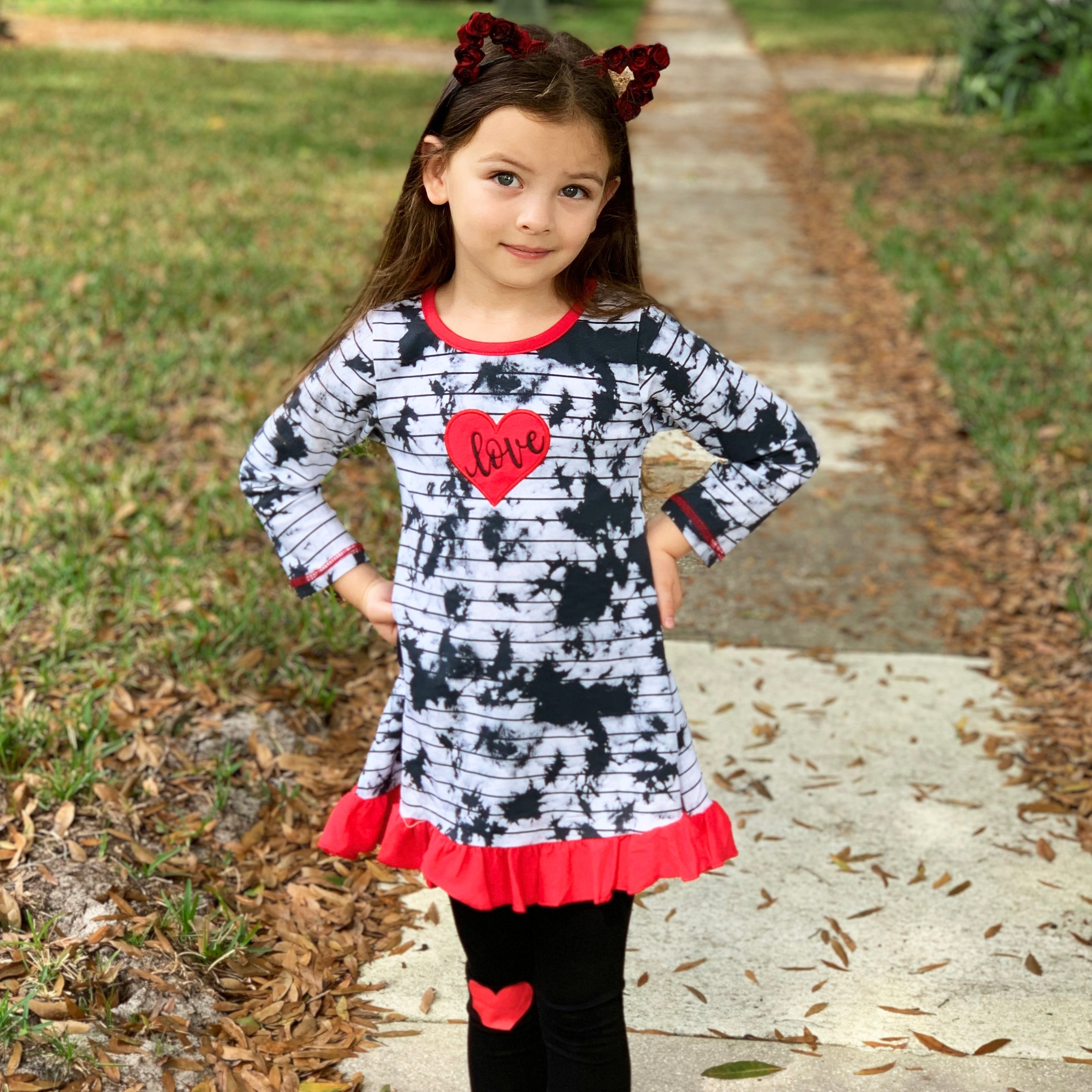 AnnLoren Girls Valentine's Day Heart Tie Dye Outfit Dress and Black - Horizon Bliss