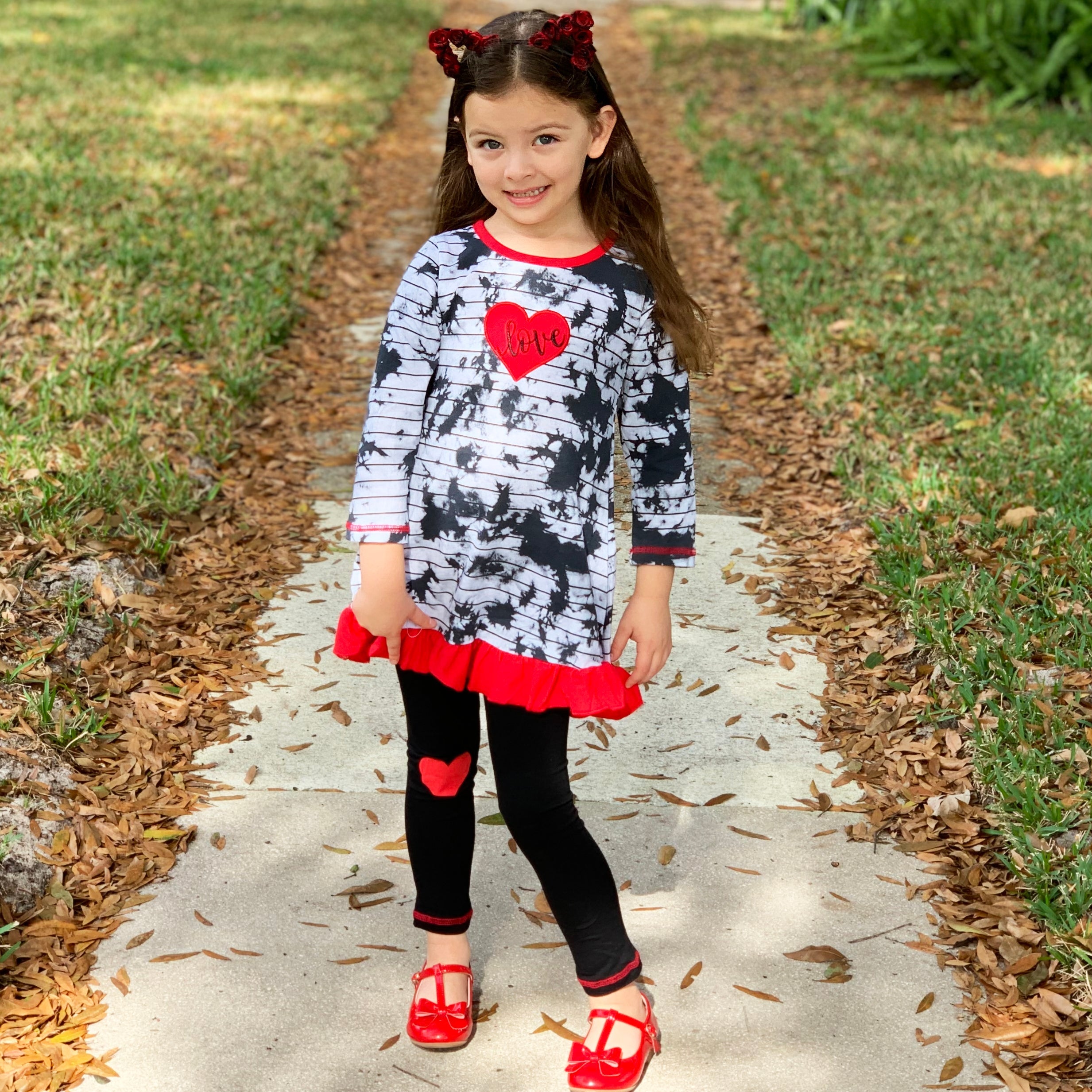 AnnLoren Girls Valentine's Day Heart Tie Dye Outfit Dress and Black - Horizon Bliss