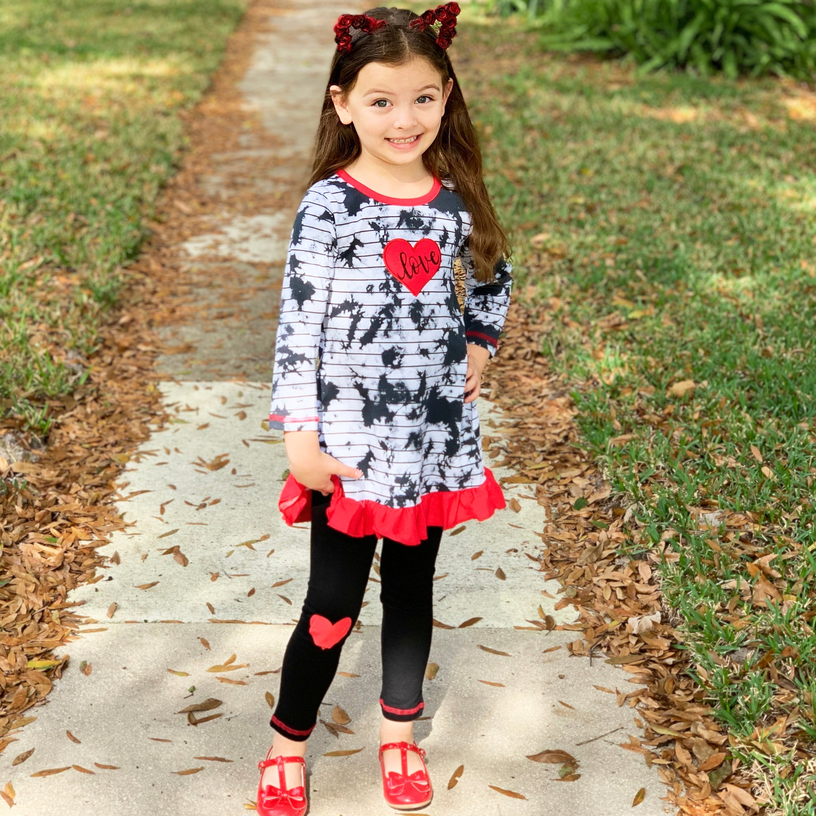 AnnLoren Girls Valentine's Day Heart Tie Dye Outfit Dress and Black - Horizon Bliss