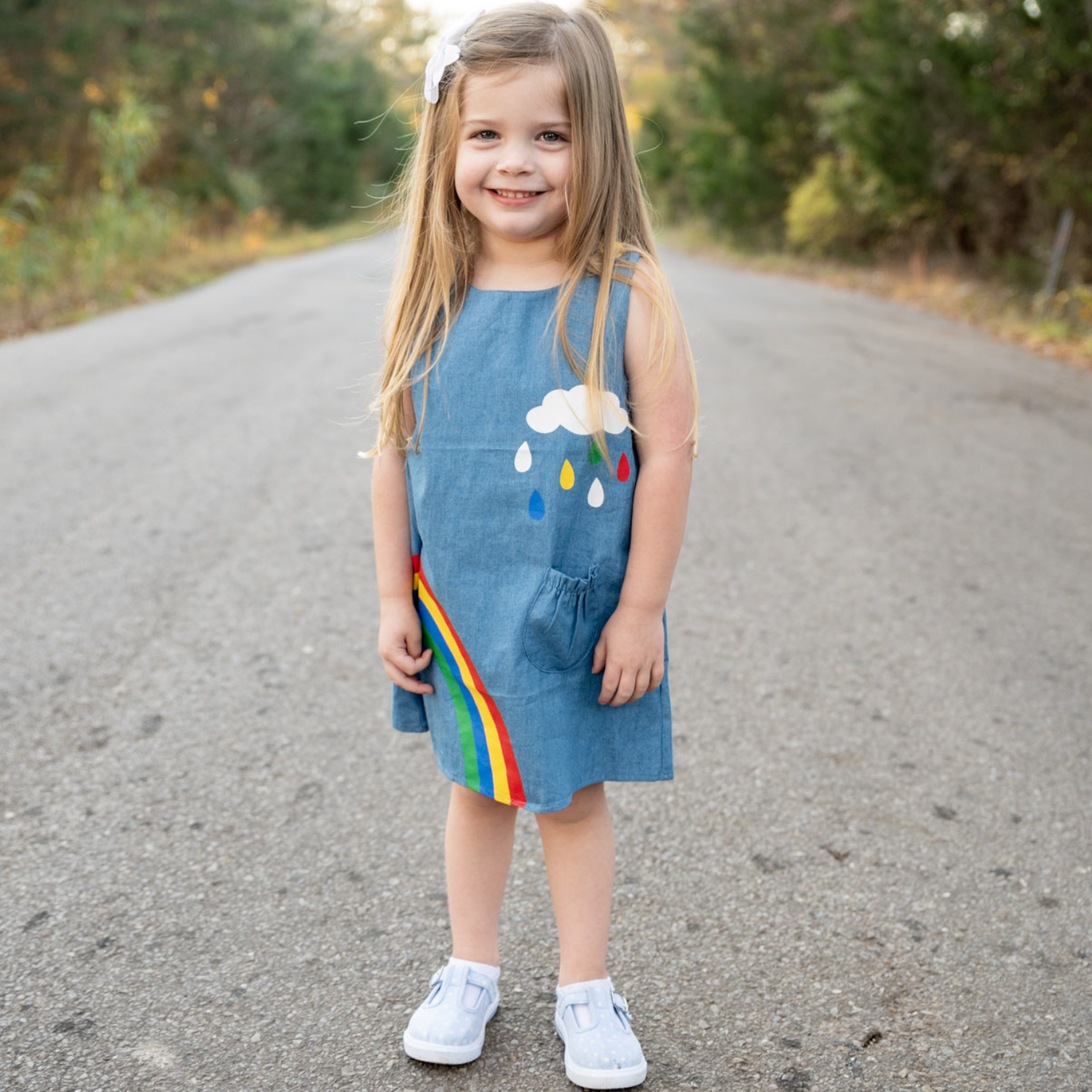 AL Limited Girls Blue Chambray Rainbow Coverall Dress - Horizon Bliss