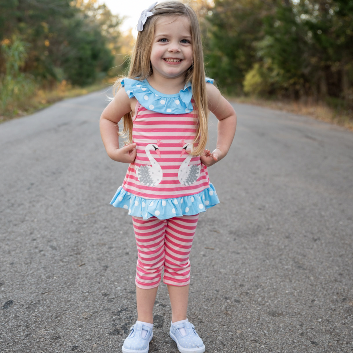 Girls Pink Swan Princess Striped Tunic and Capri Leggings Outfit - Horizon Bliss